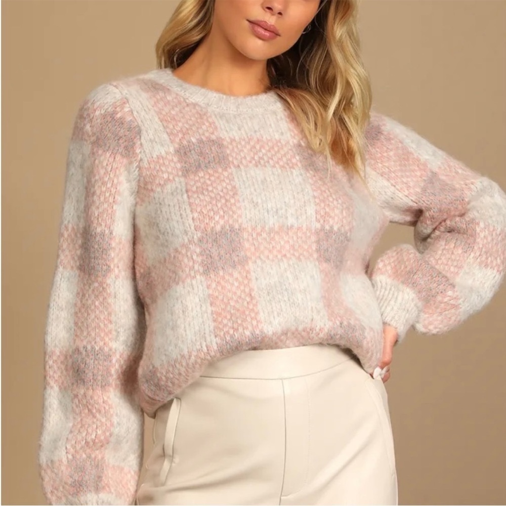 NWT Lulu's Vero Moda Diana Cream Multi Plaid Knit Pullover Sweater – Size Large